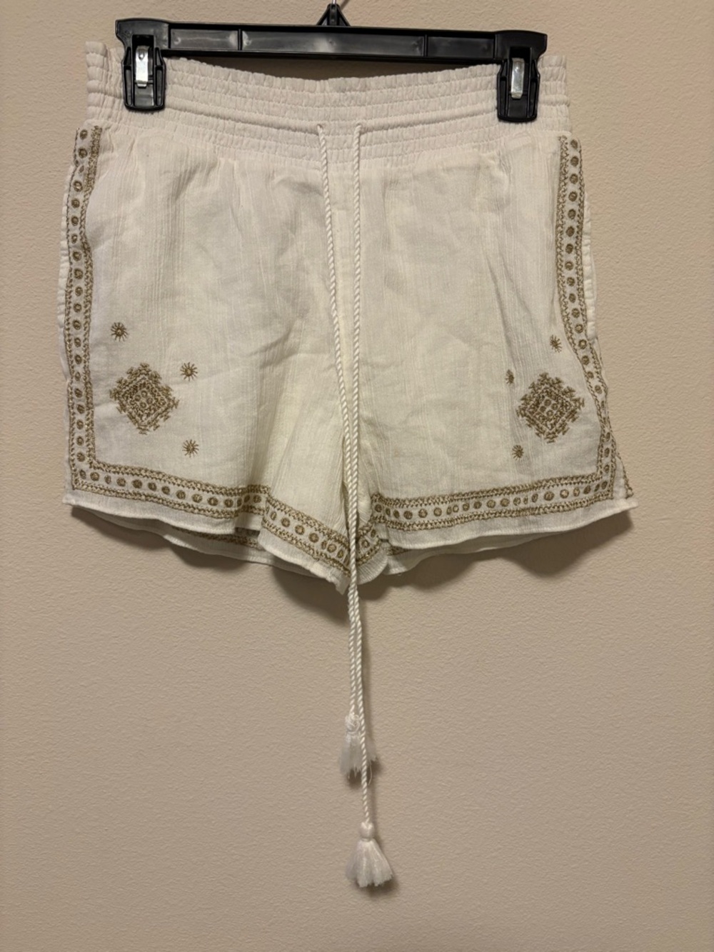 J. Crew White High-Waist Embroidered Cotton Shorts with Gold Accents